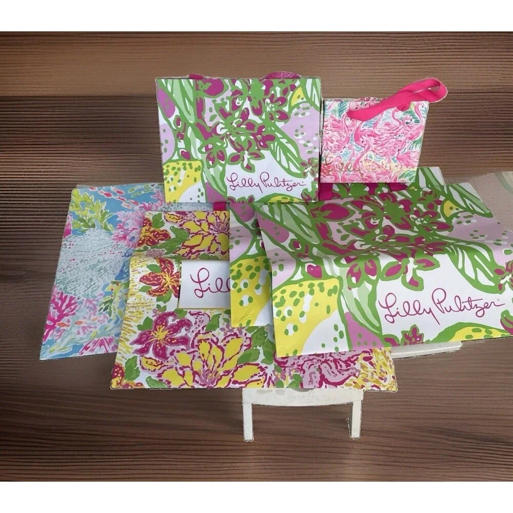 Lilly Pulitzer Shopping Gift Bag Lot Assorted Sizes Floral Flamingo Pink Green